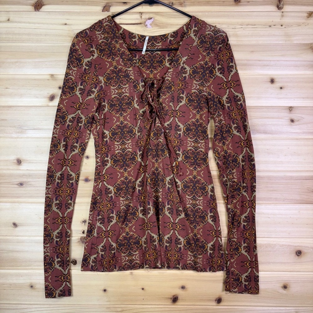 Free People Blouse Womens Medium Mai Tai Brick Combo Lace Up Long Sleeve Shirt